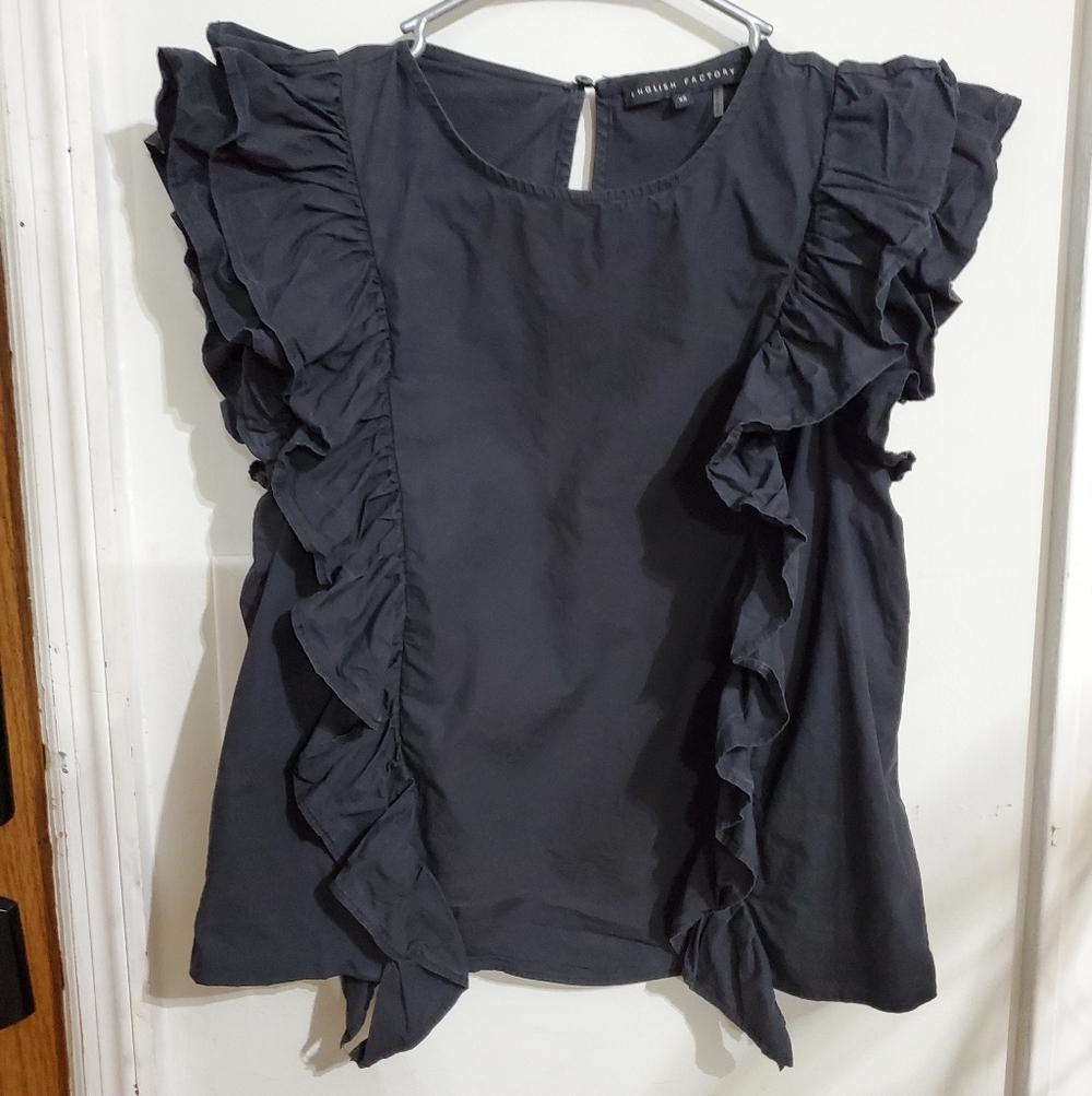 English Factory Black Ruffle Sleeve Blouse XS Romantic Feminine Cotton Top